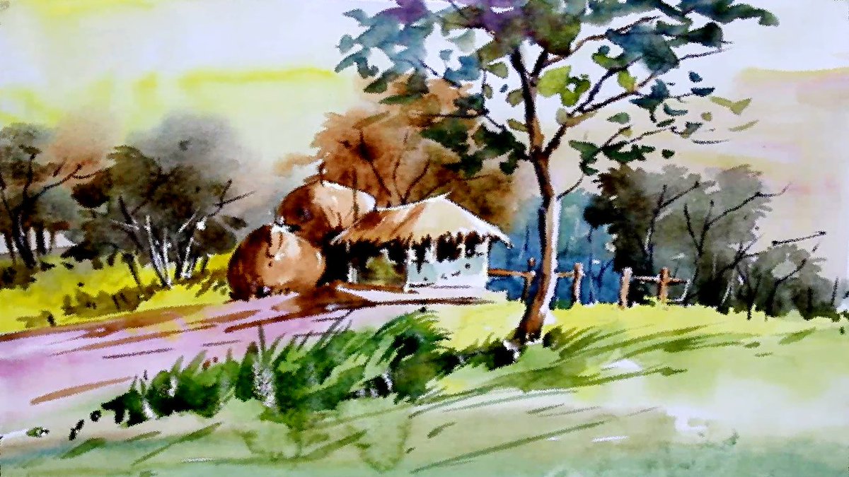 Watercolor Landscape Painting Easy Watercolor Village Scenery