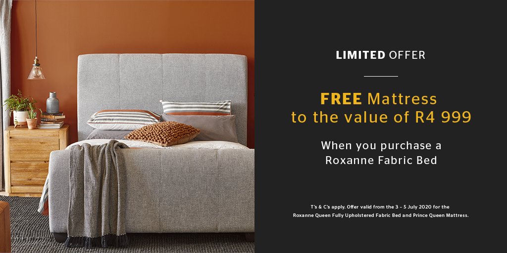 LIMITED OFFER | Buy the Roxanne Queen Fully Upholstered Fabric Bed at full price (from R8499) &amp; receive a FREE Prince Queen size mattress to the value of R4999.
Shop today: bit.ly/3dZOheF
Offer valid from 3-5 July 2020, while stocks last. T's &amp; C's apply.