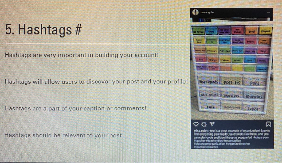 EplerMeghan's tweet photo. This is a slide from my How to Write Guide. I wanted to include the entire post so I could show what I’m talking about in the project, but it makes the picture hard to see. Should I keep it all, just the picture, just the hashtags, write the caption in the slide, etc.? #engl318mu https://t.co/flSHIpEoeg