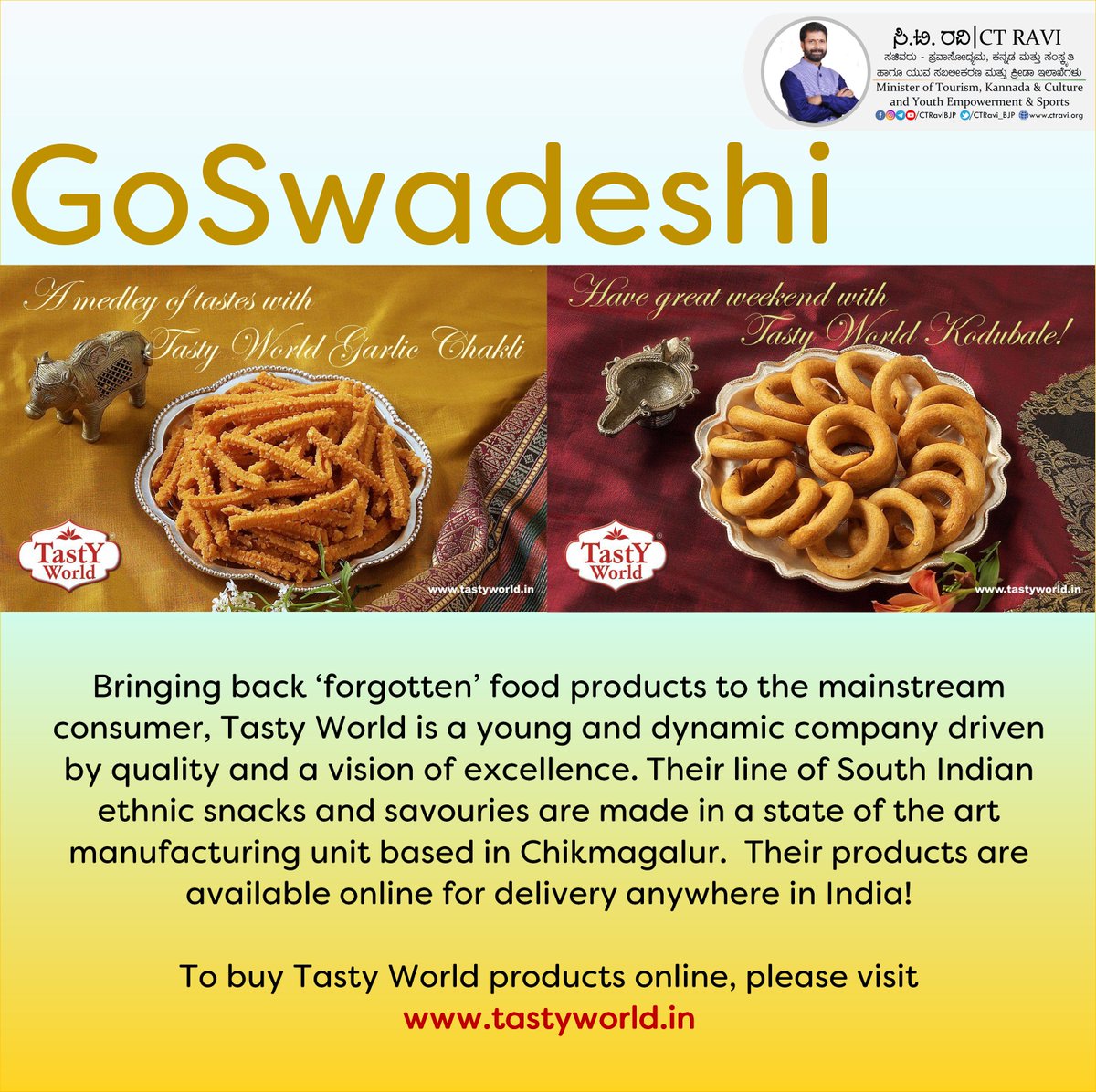 CTRavi_BJP's tweet photo. Say No to videshi Chips, say YES to deshi Chakli, Nippattu and Kodbale.
#GoSwadeshi
#BuyLocalToGoGlobal https://t.co/zjPnHmL2yg