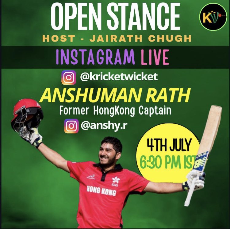 Don’t miss our  #InstagramLive session with former #HongKong Captain ⁦⁦<a href="/anshyrath/">Anshuman Rath</a>⁩ tomorrow at 6 30 PM IST. Time  to relive some wonderful moments. #OpenStance #Kricketwicket