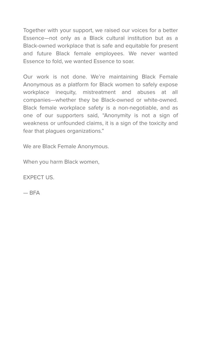takebackessence's tweet photo. Official Statement by #BlackFemaleAnonymous confirming exit of all C-Suite leadership at @Essence on day 4, and success of our collective efforts.

#TakeBackEssence 

#ProtectBlackWomen https://t.co/D8Lfyldr0f