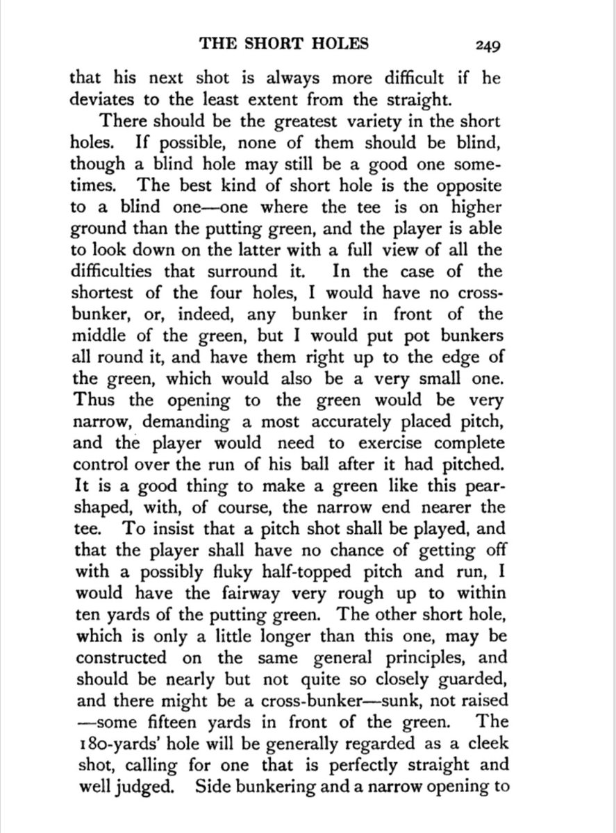 James Braid continues his dissertation in more detail, arguing against the blind shot, but for as much as anything the greatest variety of holes- when to apply pressure on the golfer and when to relieve it.  #GolfCourseArchitecture #GolfHistory