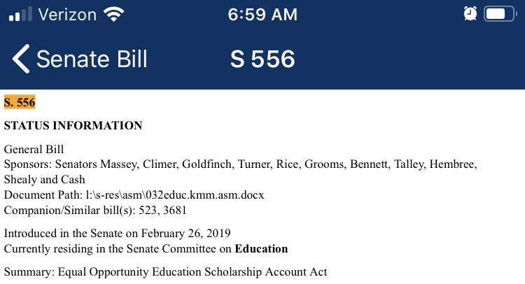 One of those bills is S.556, a voucher bill intended to move public funds to private schools. Shane Massey, who claims to have no connection to ALEC, sponsored the bill. You can see in the images some of the near-identical language.  https://www.alec.org/issue/education/model-policy/