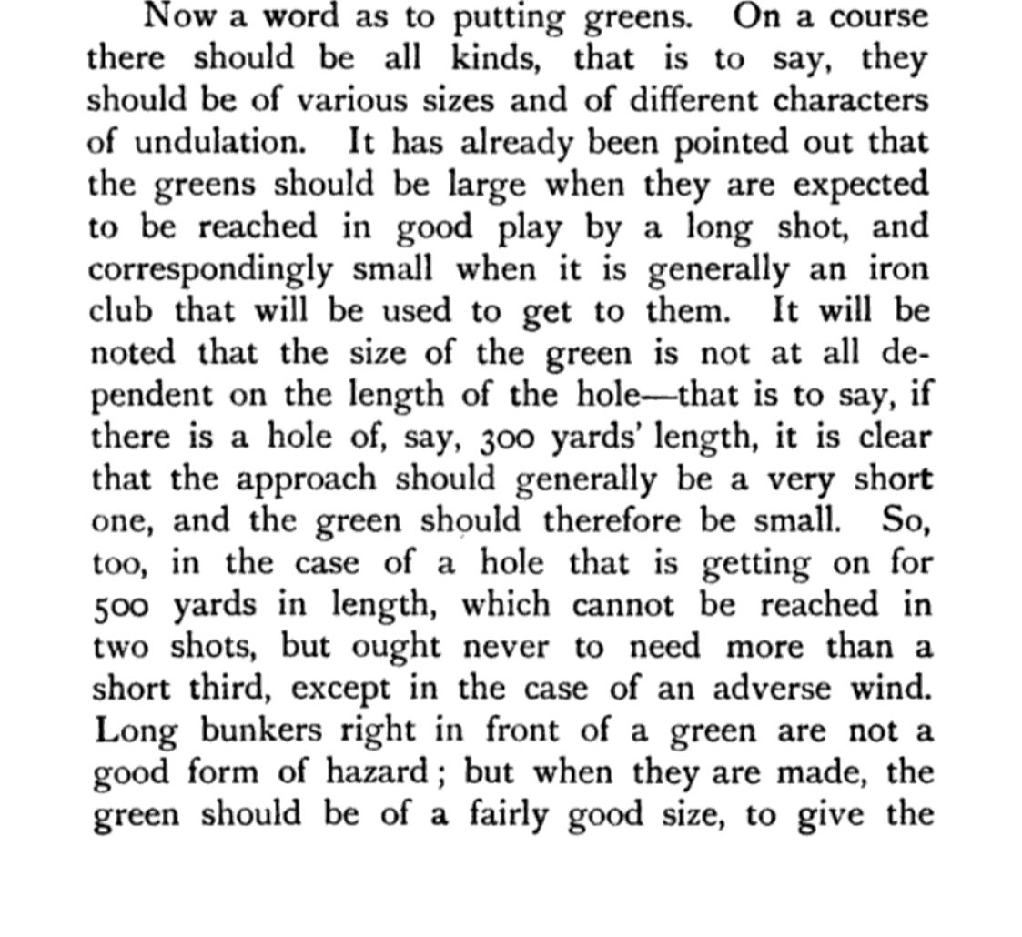 James Braid expands his thoughts on the design and shape of putting greens. When to deploy a small green or a large green? A flat green is acceptable on a hole that has sufficiently challenged a golfer. Again variety plays a big role in Braid’s design.  #GolfHistory