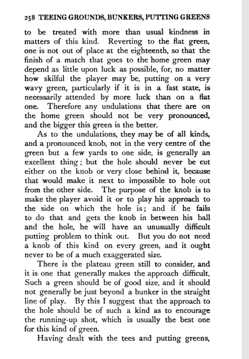 James Braid expands his thoughts on the design and shape of putting greens. When to deploy a small green or a large green? A flat green is acceptable on a hole that has sufficiently challenged a golfer. Again variety plays a big role in Braid’s design.  #GolfHistory