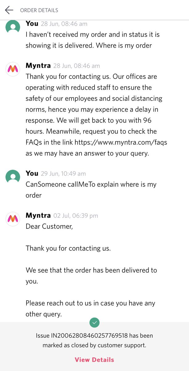 SharmaMritunjay's tweet photo. @MyntraSupport @myntra is this how you resolve customer queries.order hasn’t been delivered to me &amp; your system says it has. Out of 20+ order, how one random order got missing. I need to know who did your delivery person delivered the order to.  #myntradontcare #fraud https://t.co/cFnTQidzmM
