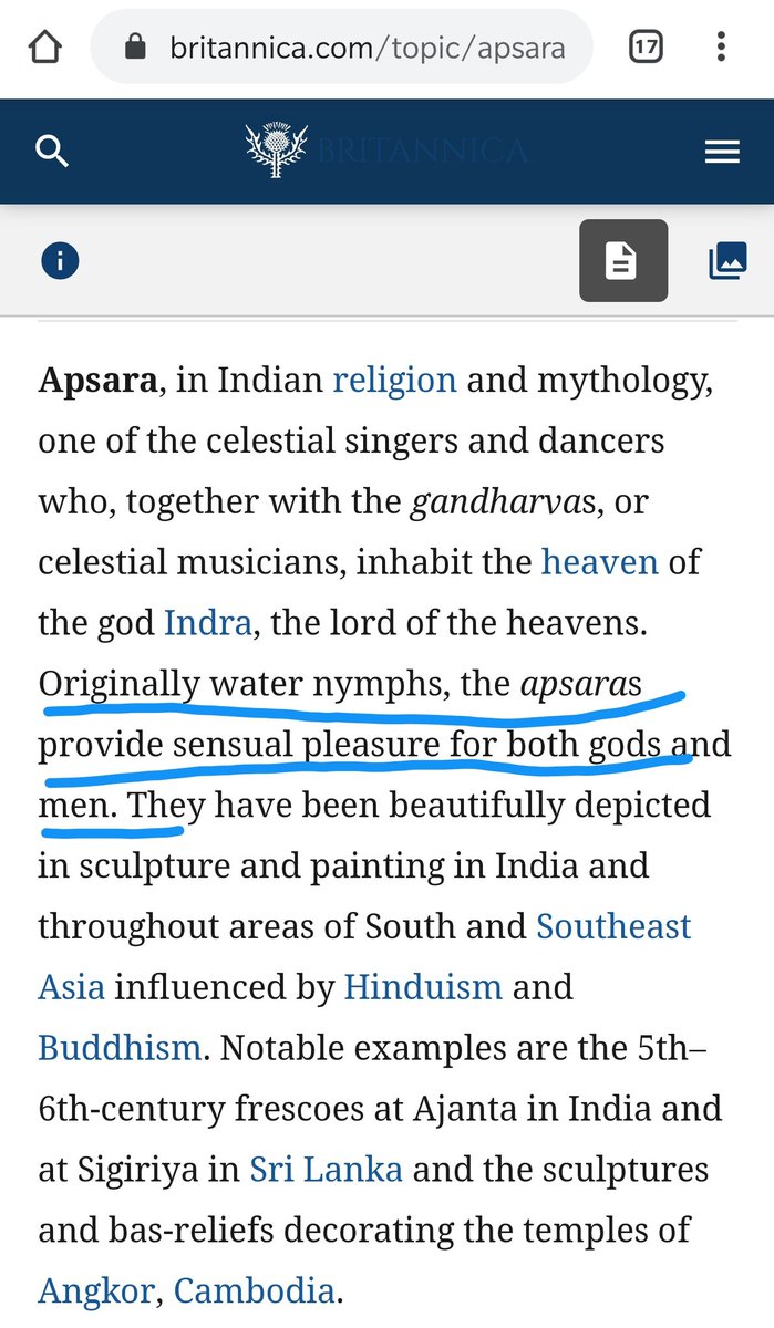 Courtesans (Apsara & Gandharva) profession has been respectful since antiquity.They were skillful in Dancing and helped India in defeating luring enemiesAPSARA is 1st mention of courtesan from Ramayan 2:45:32They emerged from water (Img indicative)2/n  https://www.britannica.com/topic/apsara 