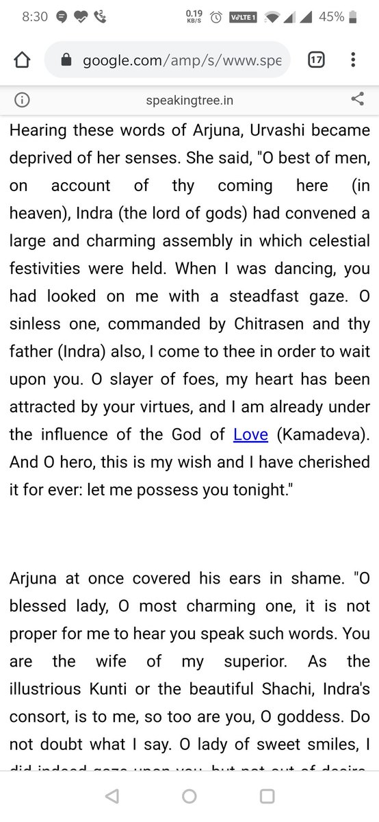 Other Mention can be found in Mahabharata where Arjuna went upto heaven. There he met Urvashi. He treated her as her superior's wife and compared her to his mother Kunti @idnani_nandini  @Saru815899683/n