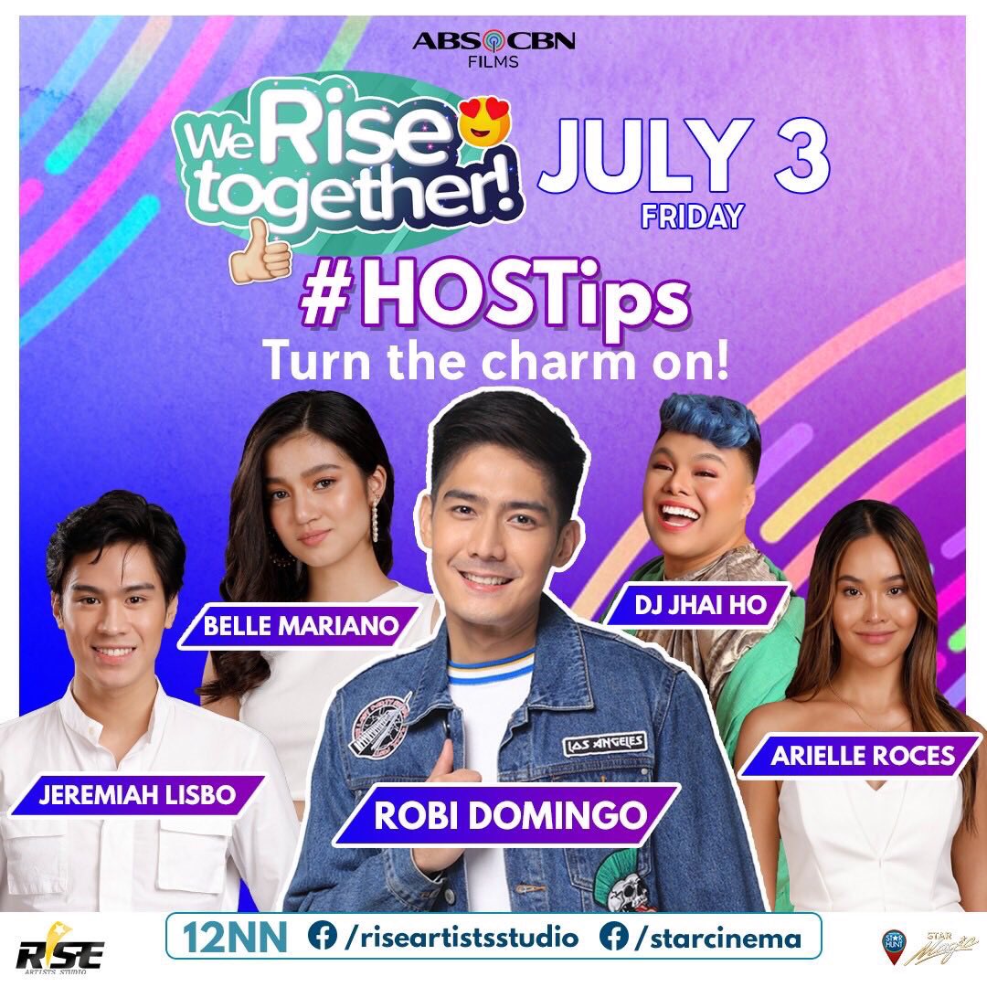 starmagicphils's tweet photo. Lezz get some #HOSTips from the very charming Robi Domingo ngayong friday! Samahan natin sina Belle, Jeremiah, Arielle and Jhai Ho sa #WeRiseTogether β’ 12nn on https://t.co/Jusz8vyeei and https://t.co/PYPo30VtZ7
#WeRiseWithRobi https://t.co/3AvxA7Bvyk