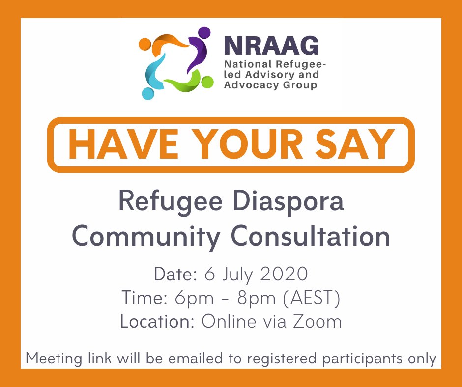 NraagAus's tweet photo. NRAAG is holding a community consultation with members of refugee communities to inform its submission to the Parliamentary Inquiry into issues facing refugee diaspora in Australia. We look forward to this important conversation.
Register &amp; more info via: https://t.co/SYltnvzOl0 https://t.co/JGMsu738gC