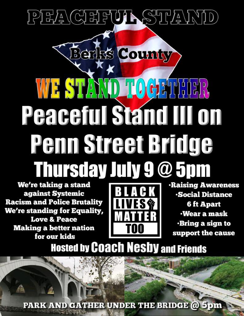 July 9th Inviting Berks County To Stand with my friends and I. We’re standing against Systemic Racism, Police Brutality and Unequal Treatment. We support good Officers, Equality, Peace &amp; Love. “BE THE CHANGE”  <a href="/JMacharola/">Dr. Joseph Macharola</a> @DrJonesWyoHigh  @EmilyRCWilson <a href="/AlFutrick/">Dr. Alan Futrick</a> <a href="/GovMifflinSD/">Governor Mifflin</a>