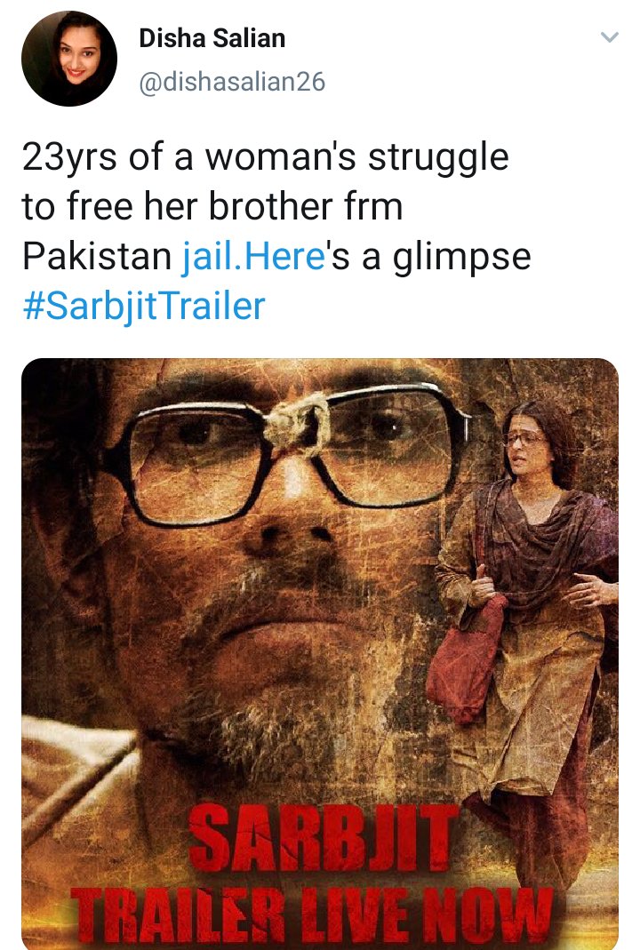 On 14 April 2016 Disha Salian tweeted Sarbjit poster.Movie is also coproduced by Sandeep Singh.Does Disha Salian has any work history with Sandeep?Was she associated with Sarbjit movie? #ShushantSinghRajput #SushantSingh #CBIMustForSushant #SushantSinghRajput #cbiforsushant