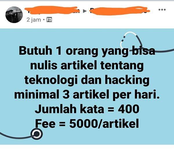 Fee : 5000/artikel jumlah kata 400. Yang bener aje? Dipikir nulis artikel segampang nulis curhatan galau heh🤦🏻‍♀️