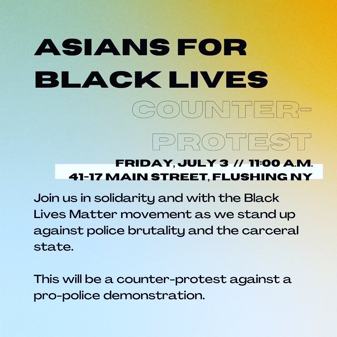 aafcollective's tweet photo. ‼️RAPID ACTION‼️ Some folks are leading a pro-NYPD rally in Queens. If you’re by Flushing, please show up in solidarity with #BlackLivesMatter &amp; against this Asian copaganda nonsense. 11am EST TODAY @ 41-17 Main St. Be safe, stay hydrated, share! #Asians4BlackLives https://t.co/BTEhBJUW7o