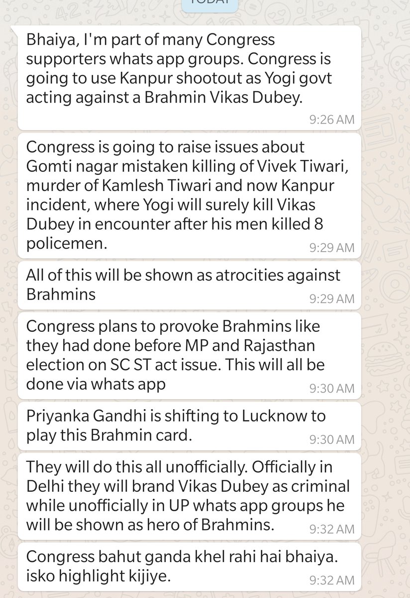 MODIfiedVikas's tweet image. Just received this message from my relative. Don&apos;t fall for it. Vikas Dubey is a hardened criminal. He had murdered another Brahmin BJP leader &apos;Santosh Shukla&apos;. Don&apos;t let the dirty game of Congress succeed. Lets hope he is brought to justice.