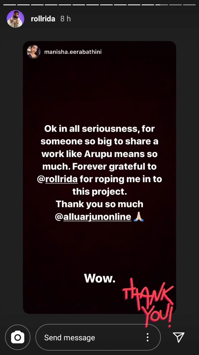 DornalaW's tweet photo. Fan moment For our very own @RollRida garu for #Arupu
Got an Appreciation message peronally and in social media from @alluarjun bhaii
#Pushpa #AlluArjun #RollRida @meerabathini congrats both of you for the #Arupu ๐ https://t.co/hXXMq2HIJm