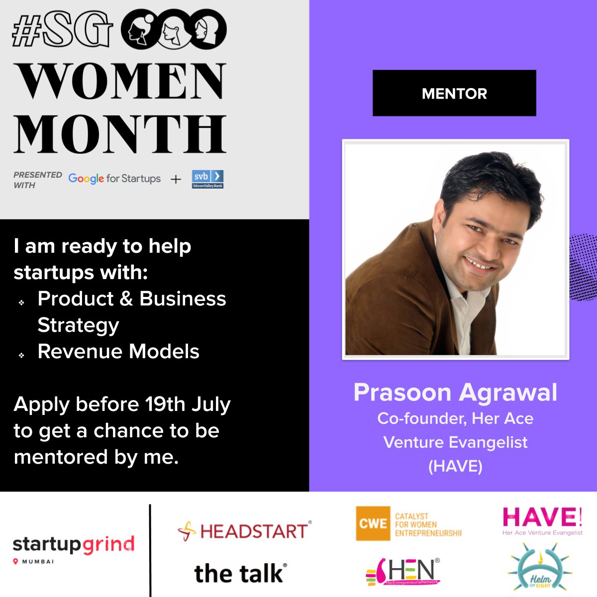 #SGWomenMentors #SGWomen

Prasoon Agrawal (<a href="/relishthisperk/">Prasoon Agrawal</a>) - 10+ yrs of Experience building products &amp; services with successful startups (IndiaMart, RedBus, TheMediaAnt) &amp; Accenture.

Co-founded (FirstRide, Sedna Labs, Ikreta-Velociti, DrWheelz) in India, Singapore &amp; Kuwait.