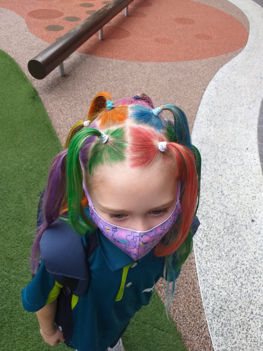 KerrylHowarth's tweet photo. How do you end a term of Home Based Learning and School Based Learning under social distancing measures? With Crazy Hair Day of course. Thank you Year 5 for making this happen. #weareAIS #Cognitaway https://t.co/rvQ63yb6ua