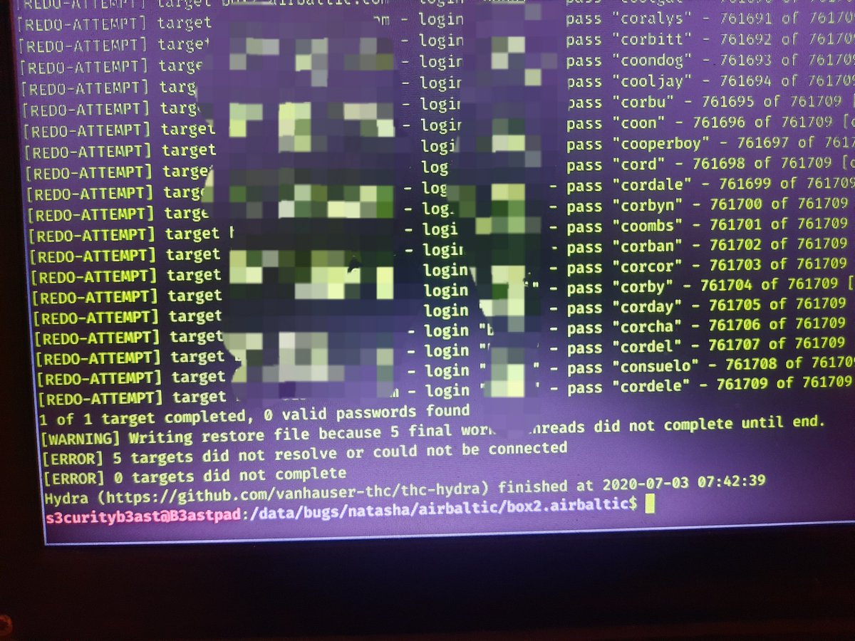 s3curityb3ast's tweet photo. Another heart breaking line after "exploit complete but no session was created"

After bruteforcing 761709 password With valid user. Ending up with 0 valid password found. 😂

#bugbounty #cybersecurity #hydra #pentestingnotes https://t.co/pCLUyYEYki
