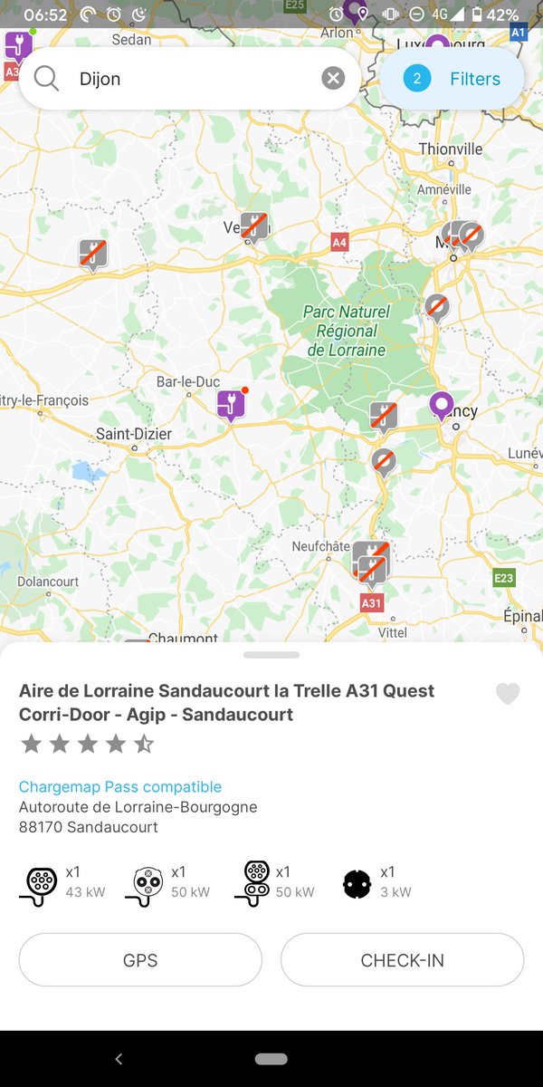 electricfelix's tweet photo. Feel like traveling to Dijon? Beware of what's really going on in France. Without @Chargemap you don't stand a chance. Still looking for a hashtag, #DS2Monaco perhaps? Or #MonacoChallenge #DS2MonacoChallenge #Adventure2Monaco help me out here! #evroadtrip https://t.co/CJzKYd1sL2