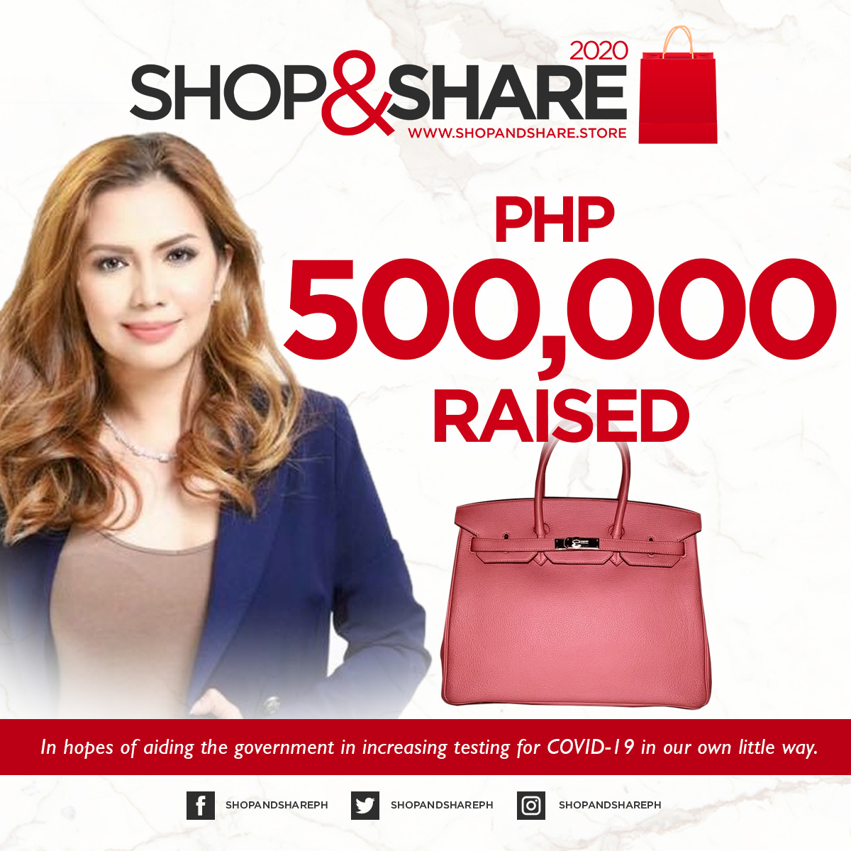 shopandshareph's tweet photo. Thank you so much Miss Rhea Tan of Beautederm! We were able to raise PHP 500,000 from the sale of her Hermès Birkin for Shop &amp; Share! #ShopAndShare2020 #RheaTan #Beautederm https://t.co/KRjmnrK1Qn