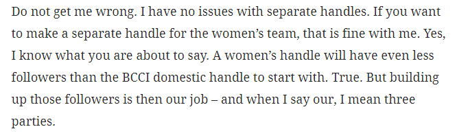 SnehalPradhan's tweet photo. I asked that the BCCI primary handle, which tweets men's international scores, be used to tweet the scores, or a separate handle be created for the Indian women's team. 

I didn't know if it would make a difference. But I felt I had to say it. So I did. 
#EqualHue #JustAsBlue https://t.co/62JAj9hbXs