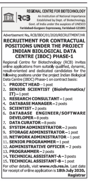 RCB, with support from the Dept. of Biotechnology, Govt. of India, will set up the Indian Biological Data Centre (IBDC) for storage and distribution of biological data. Applications are invited for the following contractual positions.