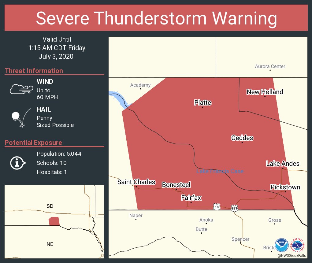 Severe Thunderstorm Warning including Platte SD, Lake Andes SD