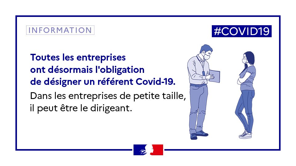 Entreprises, vous devez désigner votre référent #Covid19 
Il veille à :
✅ l'application des mesures de prévention et de protection 
✅ l'information des salariés.
Plus d'info dans le protocole national de déconfinement en entreprise ⤵️
travail-emploi.gouv.fr/le-ministere-e…