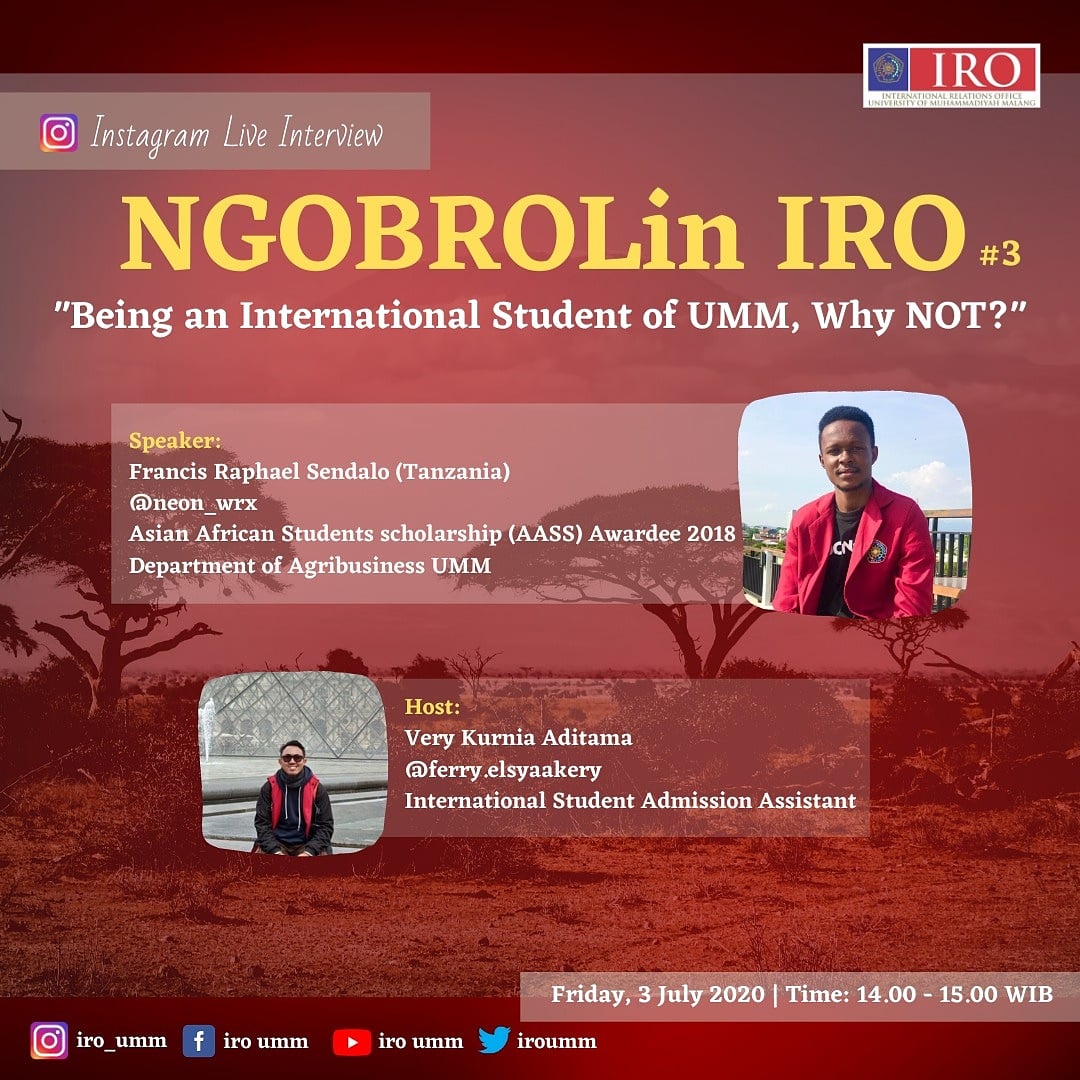 Siang ini bakal live di Instagram @iro_umm sesi ketiga dari program NGIBROLin IRO. Jangan sampai ketinggalan rek!
#ngobroliniro #iroumm #ummcampus #internationalprogram