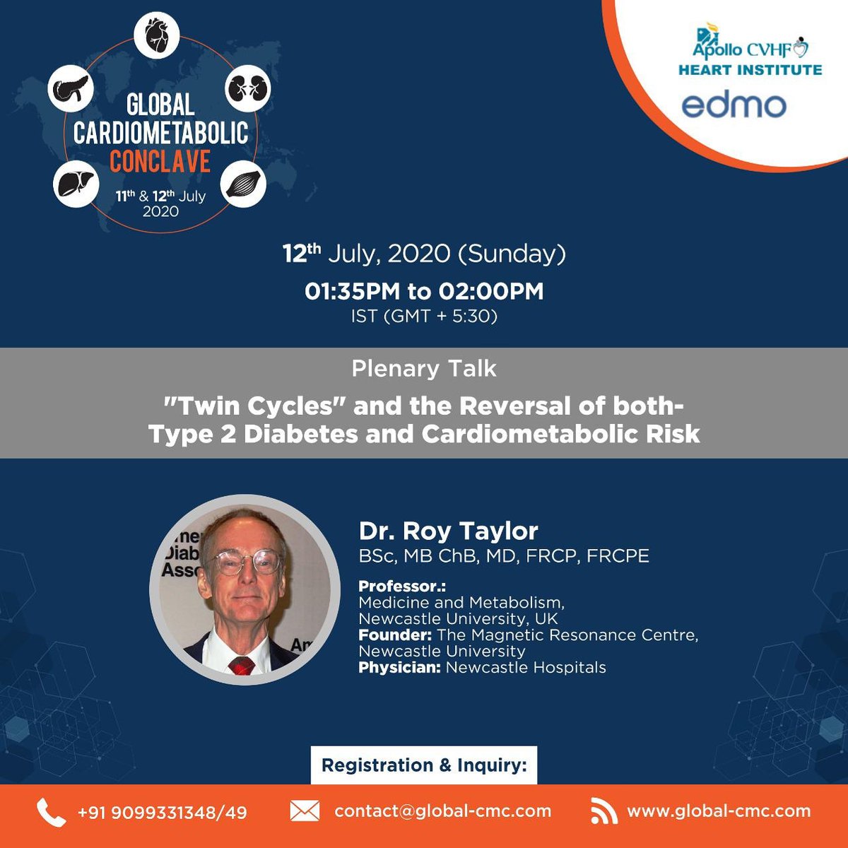 cardio_global's tweet photo. Diabetes remission!
Reversal of CV risk !

MYTH OR REALITY ??

Come and solve the mystery for yourself- hear Dr Roy Taylor live on Sunday 12 July,2020 at Global Cardiometabolic Conclave

Click link below to register to lower your risk for diabetes and CVD

https://t.co/jeErhfdj2R https://t.co/M6BFCbYzCH