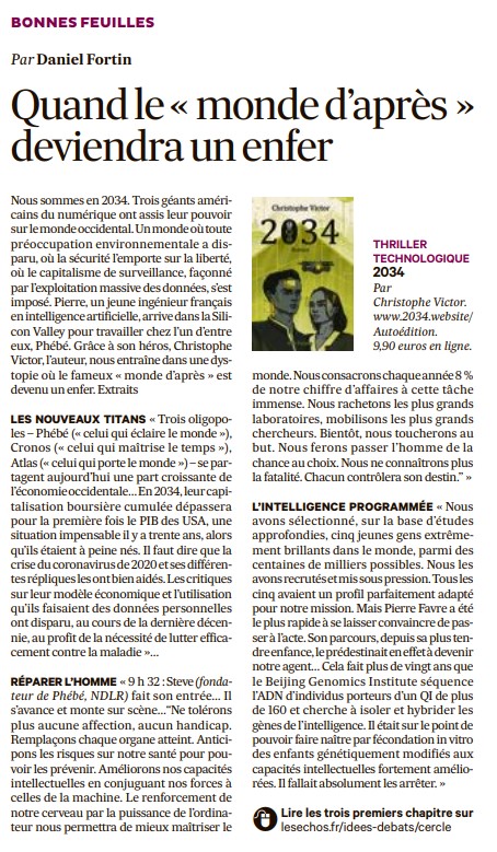 "Quand le monde d'après deviendra un enfer". Lire l'article de <a href="/dafortin/">Daniel Fortin</a> dans <a href="/LesEchos/">Les Echos</a> sur 2034. Roman vendu au profit de <a href="/PlaneteUrgence/">Planète Urgence</a>  2034.website #thriller #dystopie