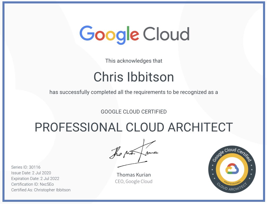 ibbitsc's tweet image. I’ve posted before about how I’ve tried to focus on the positives and make the best of #uklockdown; it took a couple of weeks to be confirmed, but chuffed that I’ve gained the @googlecloud Professional Cloud Architect Certification #cloud #continiouslearning