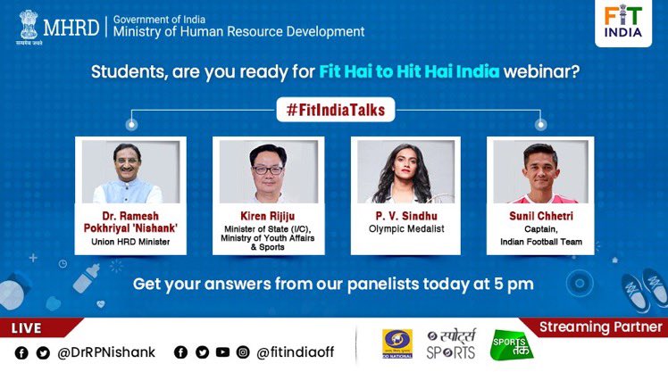 PWSPTK's tweet photo. Today is the day!
Students, are you ready to get answers to your fitness-related queries by our panel of experts?
Tune in to Fit Hai to Hit Hai India webinar at 5 PM on Hon'ble HRM @DrRPNishank's Twitter/FB pages.
#FitIndiaTalks https://t.co/Kx6nA3tvxh