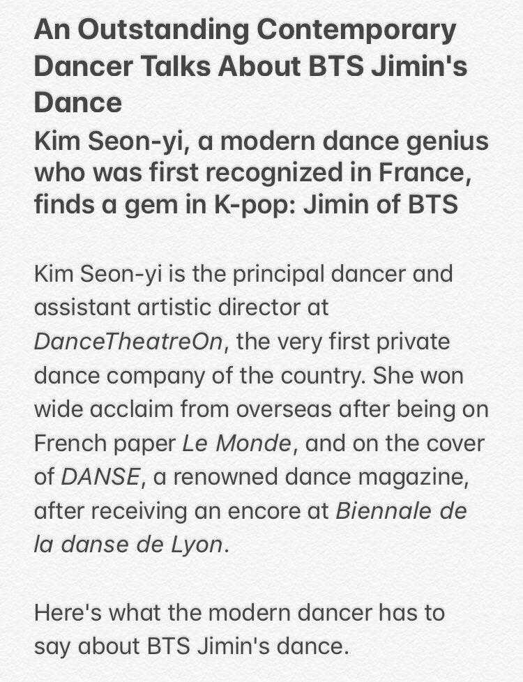  Kim Seon-yia modern dance genius who was first recognized in France, finds a gem in K-pop: Jimin of BTS https://twitter.com/andthh2/status/1141936764954664960?s=21 #JIMIN   #지민   @BTS_tw