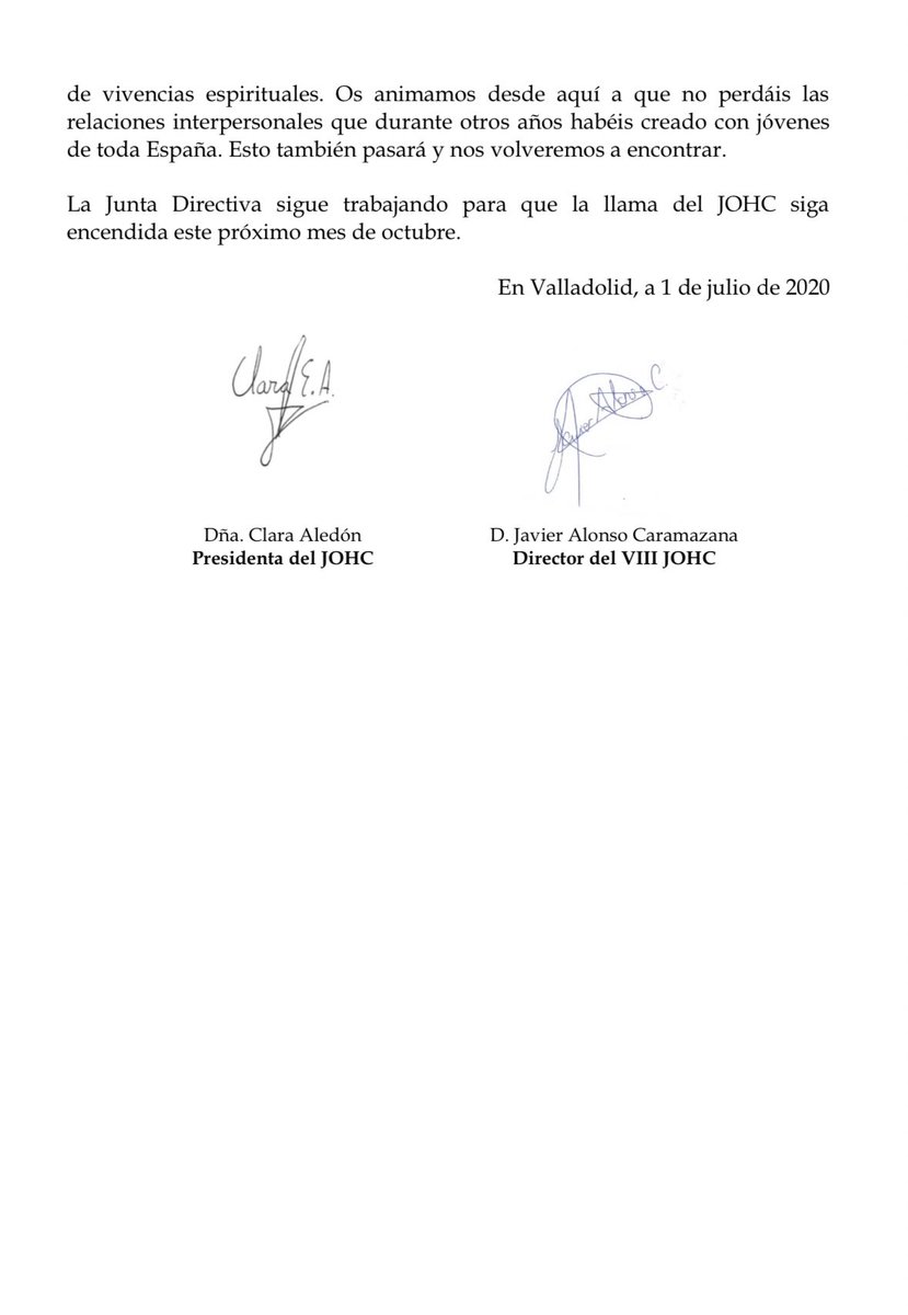 🔴 COMUNICADO OFICIAL | La Junta Directiva del <a href="/EncuentroJOHC/">Encuentro JOHC 🇪🇸</a> aplaza esta octava edición del encuentro a octubre de 2021 debido a la crisis sanitaria del coronavirus COVID-19. 

📆 El VIII JOHC se celebrará del 14 al 17 de octubre de 2021 en Valladolid.

#JOHCValladolid2021