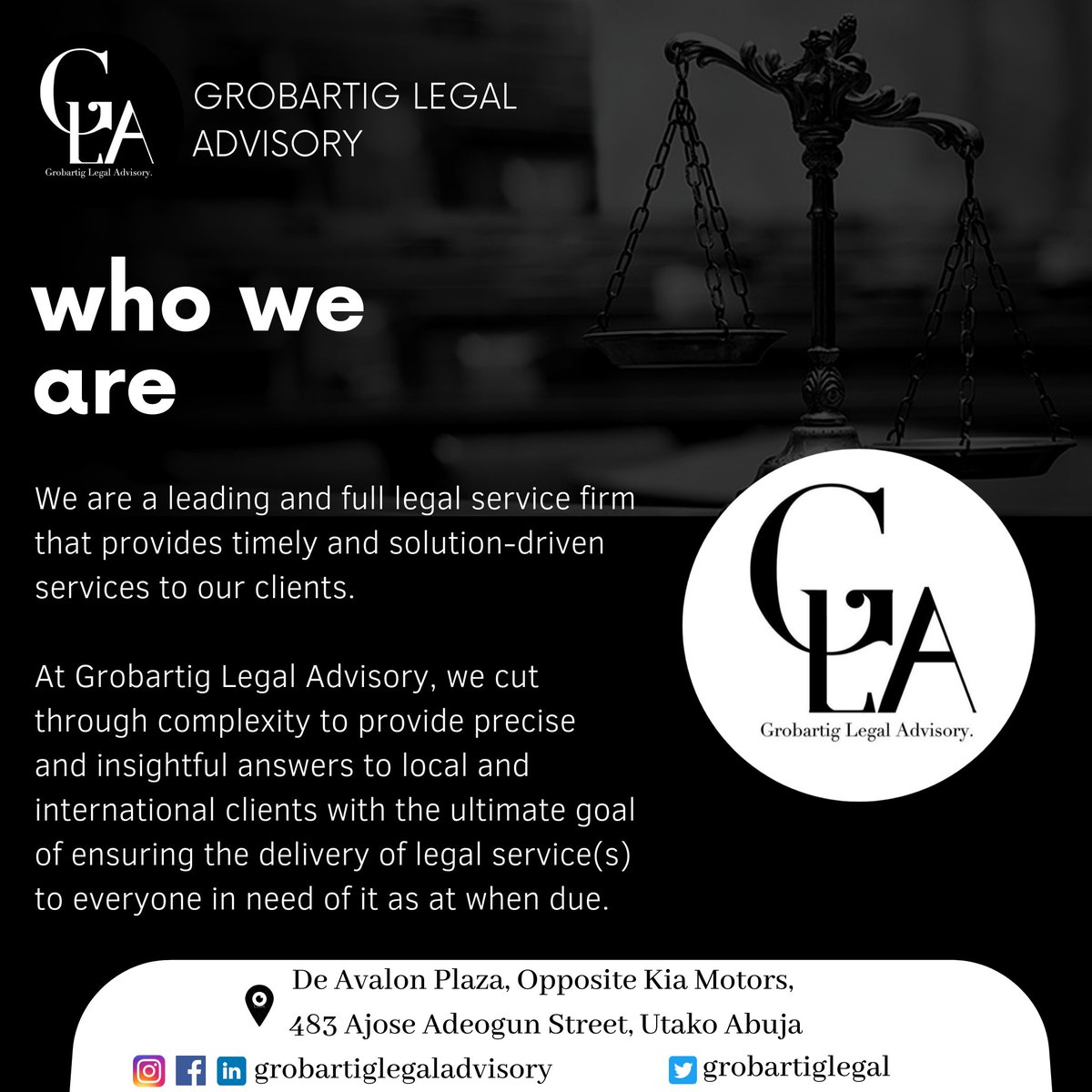 GrobartigLegal's tweet photo. Grobartig Legal Advisory, a leading and full legal service Firm. 

We are team of lawyers, senior and junior associates with varied and combined knowledge providing timely and solution-driven services to our clients. 

#GrobartigLegalAdvisory
#Legal #nigerianlawyer #abujalawyer https://t.co/pzDky6TOLA