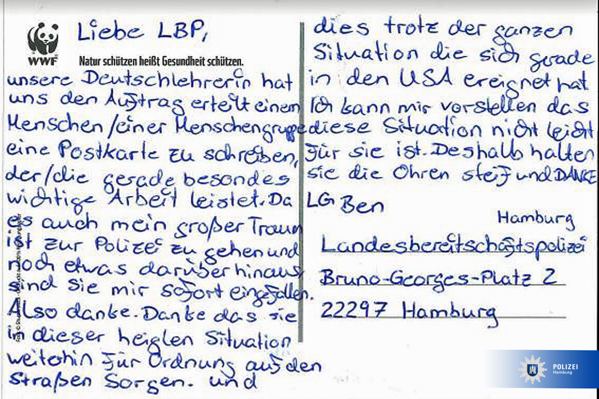 DANKE, BEN!
Deine Postkarte ist angekommen!
Inhaltlich auf jeden Fall eine 1!
Herzliche Grüße an dich zurück!
👋👮‍♂️