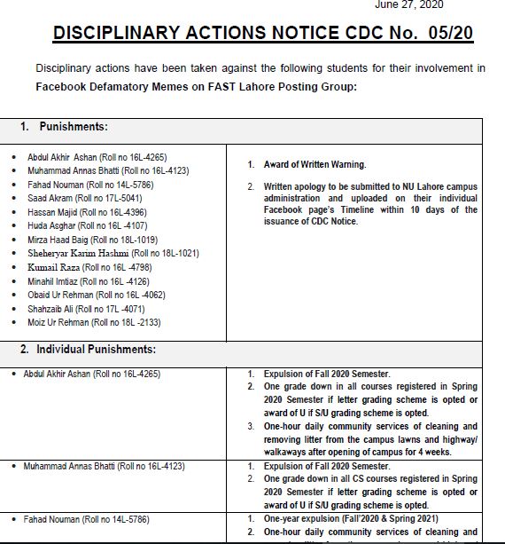 TheWittyKinza's tweet photo. An example of abuse of authority by FAST administration. Please look at the severe punishments awarded for 'posting' and 'liking' memes. @Shafqat_Mahmood @DrMuradPTI @iqrarulhassan  @mubasherlucman @BBCUrdu @DunyaNews  @city42 @LahoreNewsHD @ARYNEWSOFFICIAL @SAMAATV #ShameOnFAST https://t.co/nJmXI1cuBW