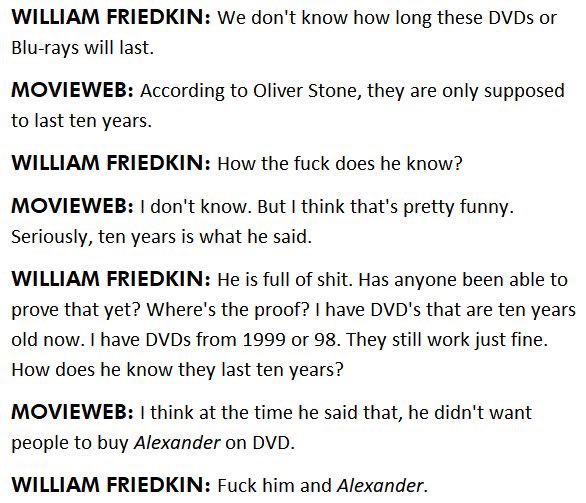 I have DVDs that are over 20 years old-I have Blu Rays that are over 10 so we’ll said <a href="/WilliamFriedkin/">William Friedkin</a>