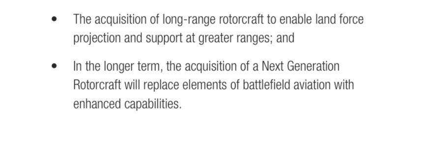 Continued commitment to rotary wing capabilities, which (like armour) were already mostly funded. New commitment to a long range rormtart aircraft though ... which speaks to V-22 or one of the replacement systems. Hate the transition on those things!  @criticalaviator  @kbgilfillan