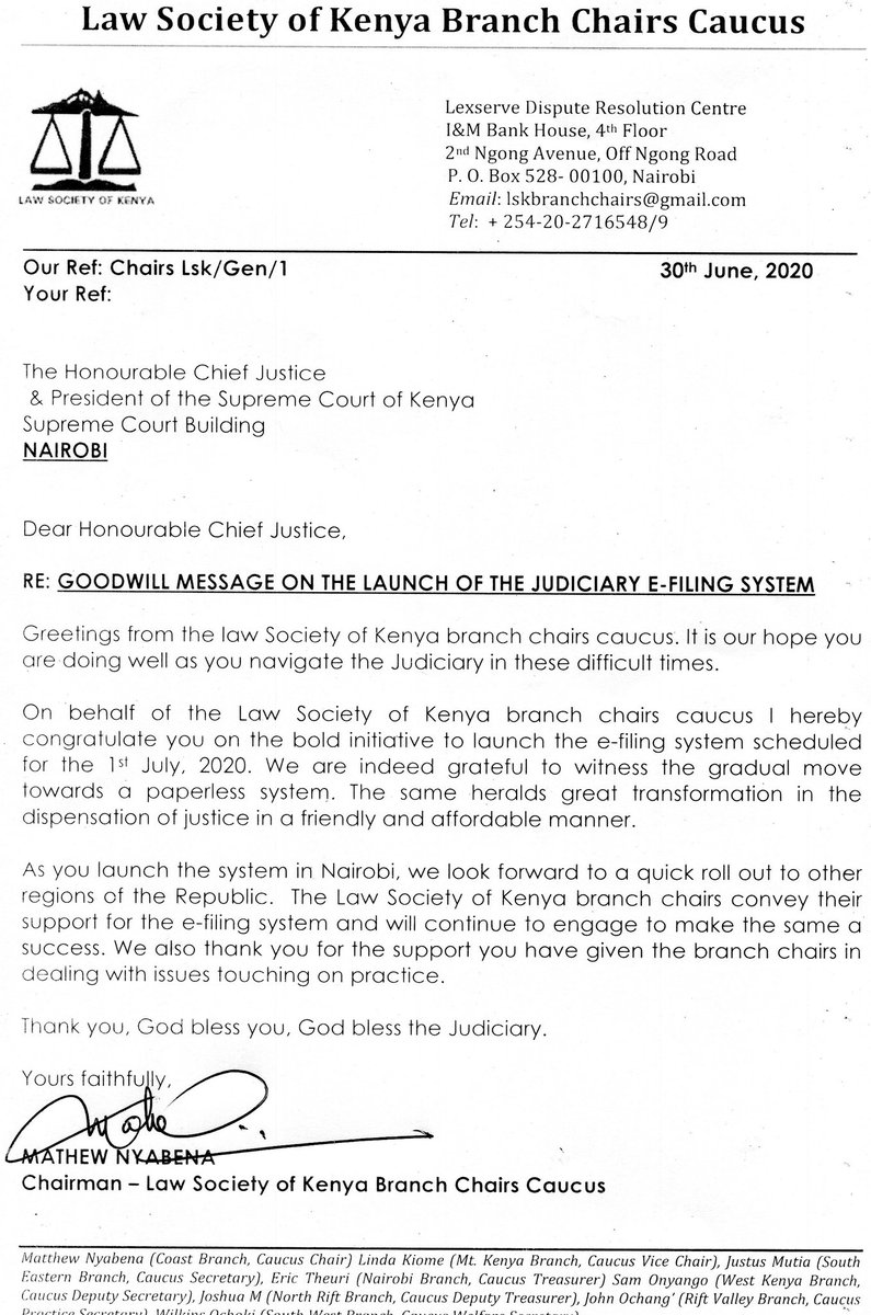 Mathew nyabena (@mathewnyabena) on Twitter photo Today we join the judiciary in celebrating the launch of the e-filing system. Congratulations <a href="/dkmaraga/">David Maraga</a> for championing this. LSK branches fully endorse your leadership.  <a href="/Kenyajudiciary/">The Judiciary Kenya</a> <a href="/NelsonHavi/">Nelson Havi Ndung’u</a> <a href="/NCAJ_KE/">NCAJ Kenya</a> <a href="/CaucusLsk/">LSK Branch Chairs Caucus</a> <a href="/LSK/">.</a> <a href="/LawMombasa/">Mombasa Law Society</a> <a href="/lsk_nbi/">Law Society of Kenya -Nairobi Branch</a> Today we join the judiciary in celebrating the launch of the e-filing system. Congratulations <a href="/dkmaraga/">David Maraga</a> for championing this. LSK branches fully endorse your leadership.  <a href="/Kenyajudiciary/">The Judiciary Kenya</a> <a href="/NelsonHavi/">Nelson Havi Ndung’u</a> <a href="/NCAJ_KE/">NCAJ Kenya</a> <a href="/CaucusLsk/">LSK Branch Chairs Caucus</a> <a href="/LSK/">.</a> <a href="/LawMombasa/">Mombasa Law Society</a> <a href="/lsk_nbi/">Law Society of Kenya -Nairobi Branch</a>