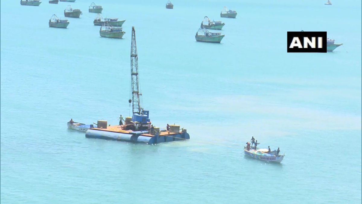 Tamil Nadu: Indian Railways starts constructing the first pillar in the sea of a vertical bridge that is under construction at Pamban, Rameswaram in Ramanathapuram district.
