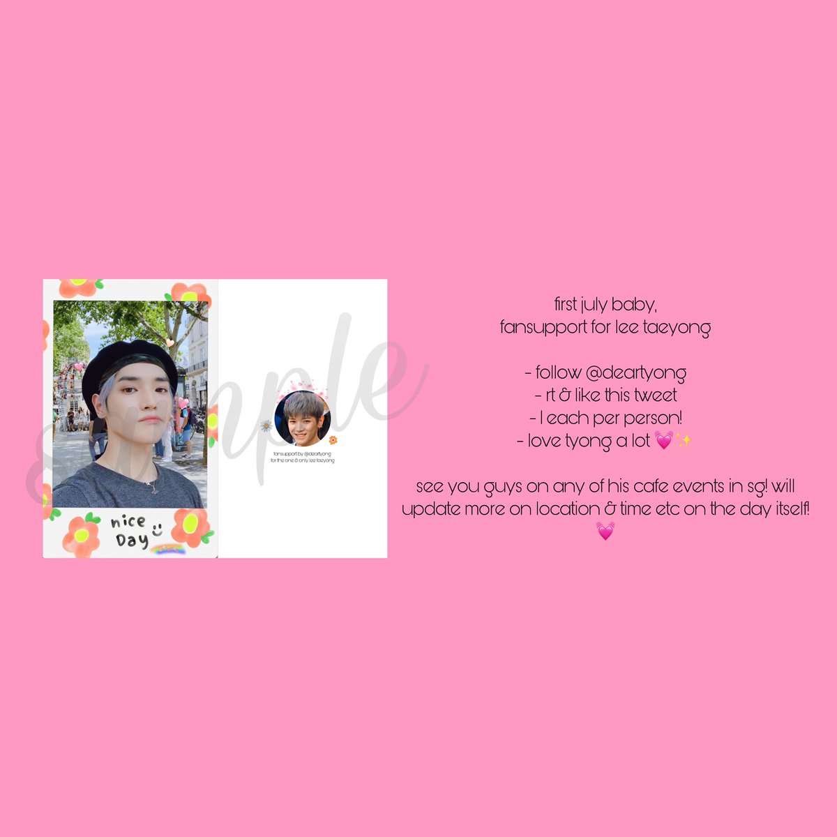 nyeongreiri's tweet photo. 💓 for taeyong 💓
will be giving out pcs to everyone who loves him during his cafe events!
just something small for everyone, will update more on location etc under this thread!

see yall ❤️
#happytaeyongday https://t.co/exWP0dTCZM