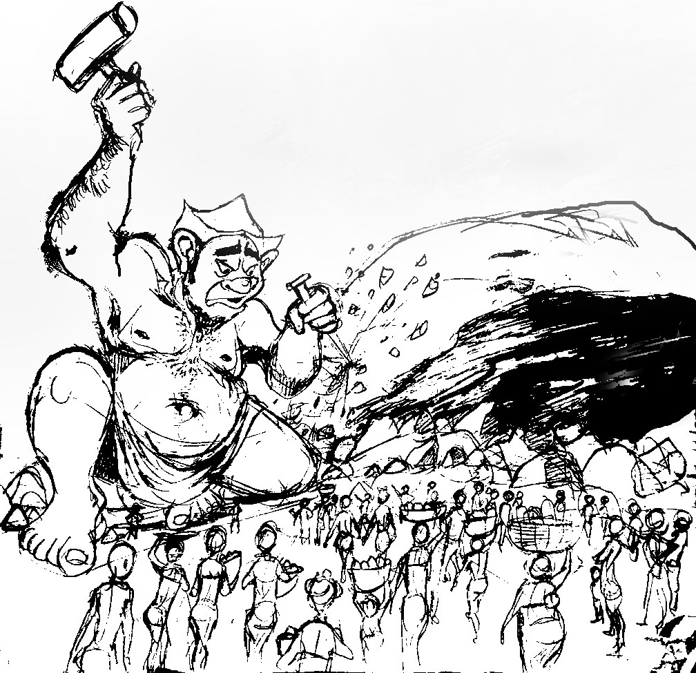 THE SCULPTING OF OLUMO ROCK
So many myths and legends have evolved around Olumo rock as to its origin and formation. My own version is that the Alake (king) of Abeokuta commissioned a giant sculptor to carve it out as this illustration depicts. painted work to be posted  later.