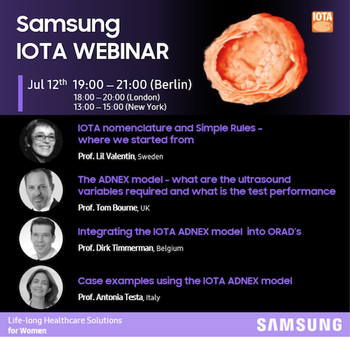Dear IOTA Member 

We are pleased to invite you to our first Online IOTA Webinar. 
Join our IOTA panelists as they discuss the nomenclature used in the IOTA trial, IOTA simple rules, the ADNEX model and cases.

You can register using this link: bit.ly/2YtxgVZ
