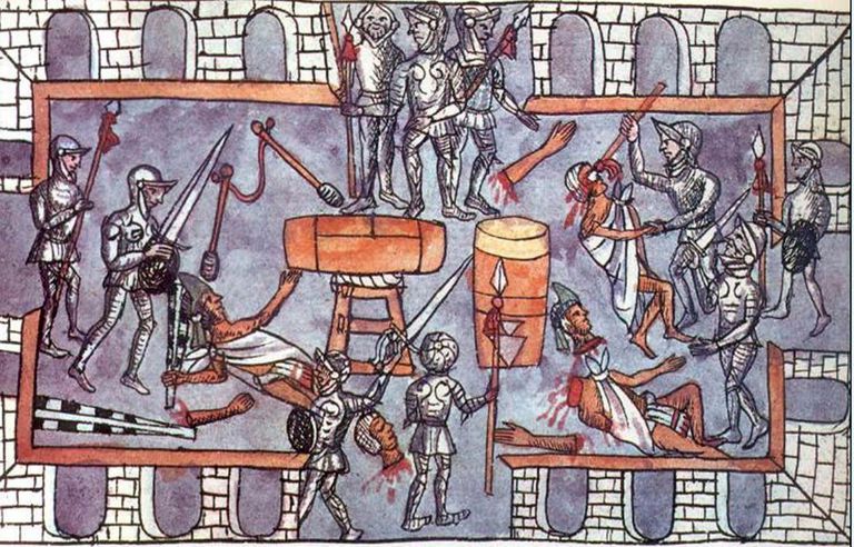 Perhaps ⅔ of the Spanish & hundreds of Indigenous allies were slaughtered escaping the capital at night, after the Aztecs (correctly, Mexica or Tenochca) ended their hospitality when the conquistadors massacred unarmed Aztec warriors at the Toxcatl festival.  #NocheTriste2020 2/