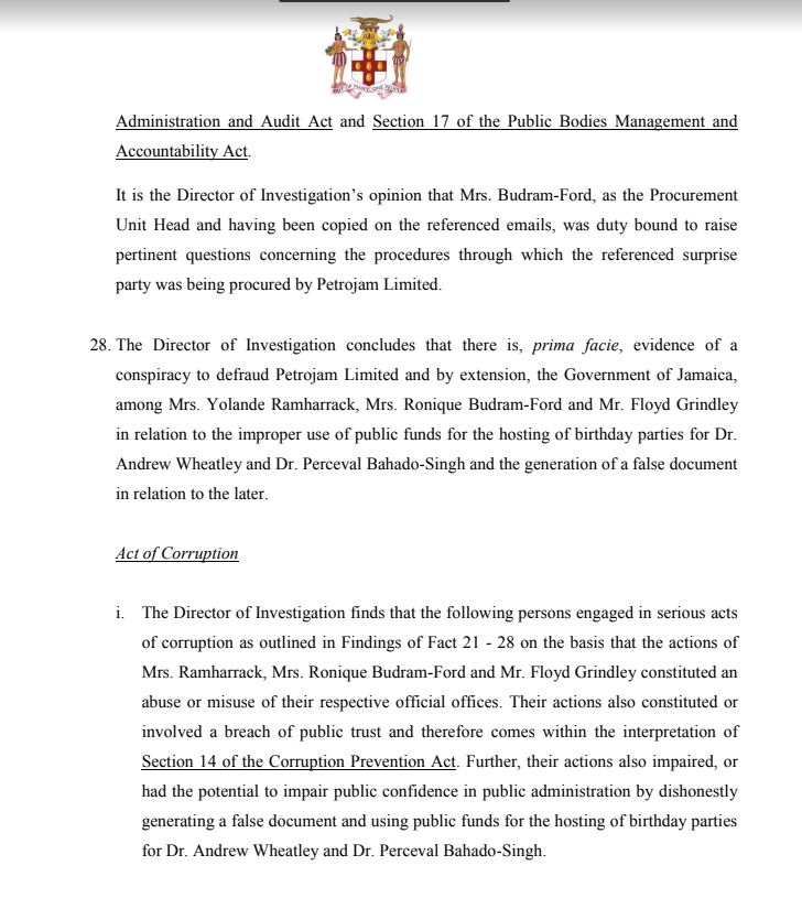 8. The Integrity Commission says there is prima facie evidence that former Petrojam General Manager,  #FloydGrindley, Procurement Unit Head,  #RoniqueBudramFord and  #YolandeRamharrack abused their posts & conspired to defraud Petrojam and by extension the Government of Jamaica.