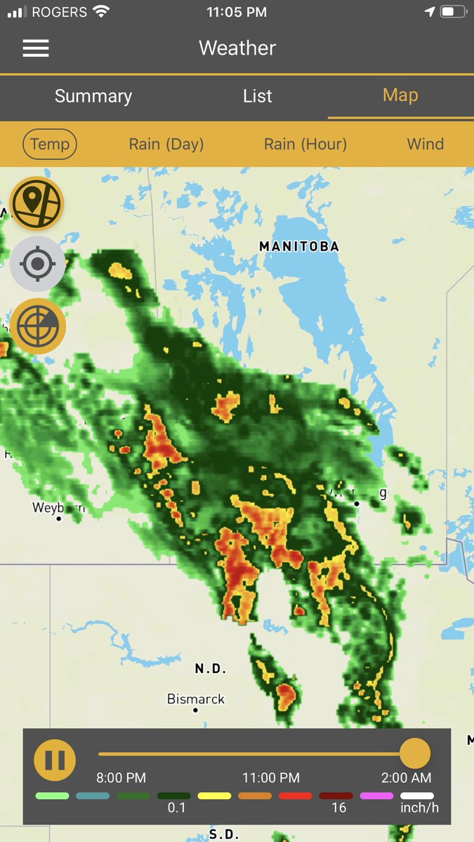 JeffPoppel's tweet photo. @WWFCandWKfan @robsobs @PeakHydoMet @BrittAtGlobal @farmers_edge @syngentacanada 1.5 inches so far here today and looking at the radar it looks like it is settled in for the night! Pretty wide spread system over SW MB. https://t.co/pvG0qcYdaW